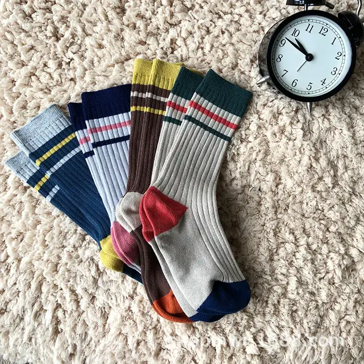 Double-Needle Mid-Calf Socks for Kids Color-Blocking Warm