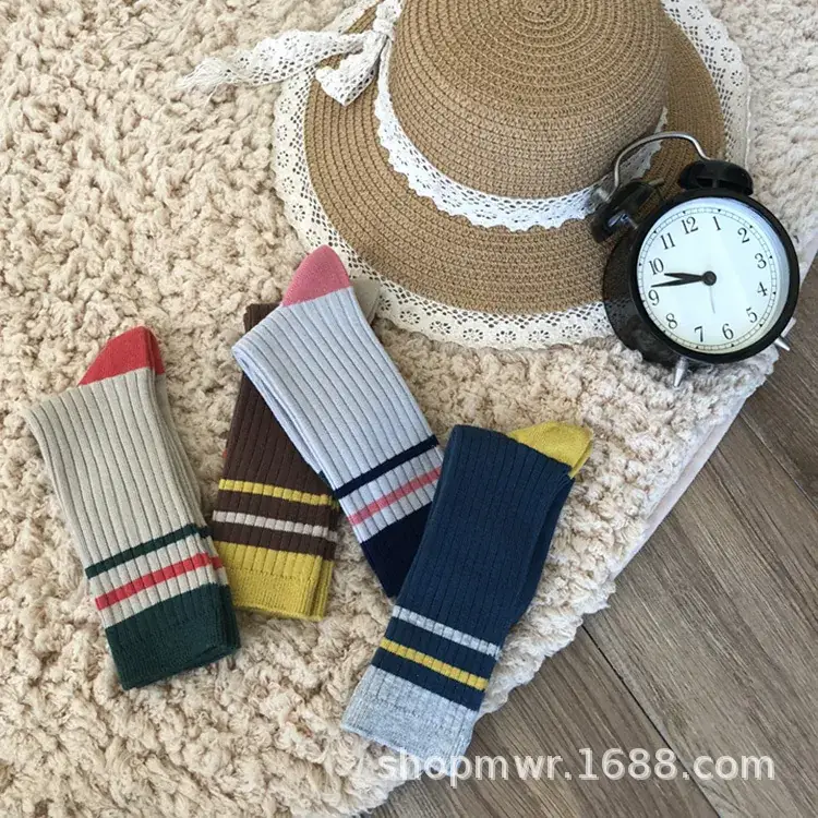 Double-Needle Mid-Calf Socks for Kids Color-Blocking Warm