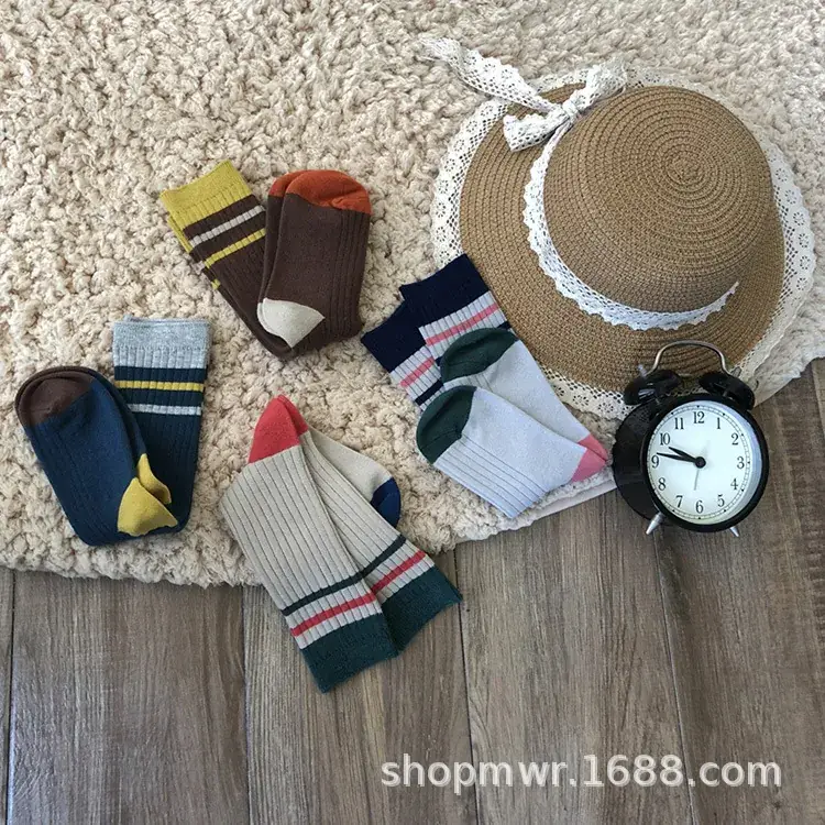 Double-Needle Mid-Calf Socks for Kids Color-Blocking Warm