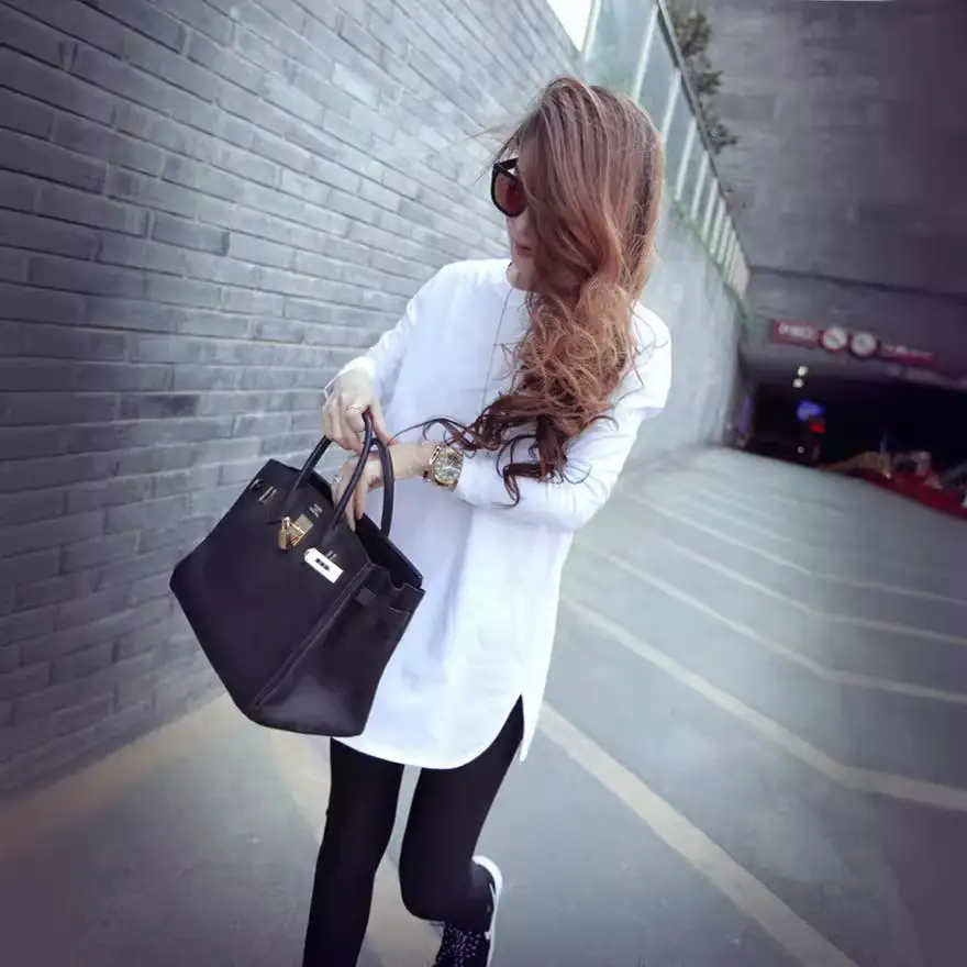 Women Korean Style Long Sleeve T-Shirt White Black