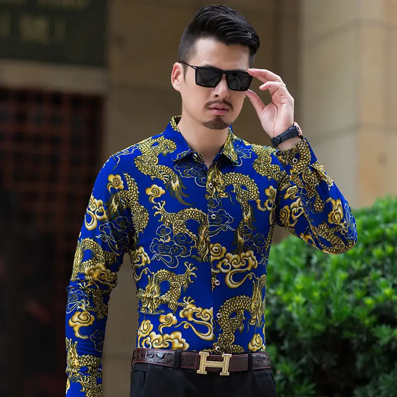 2019 Printed Long Sleeve Shirt Blue Gold Dragon Pattern
