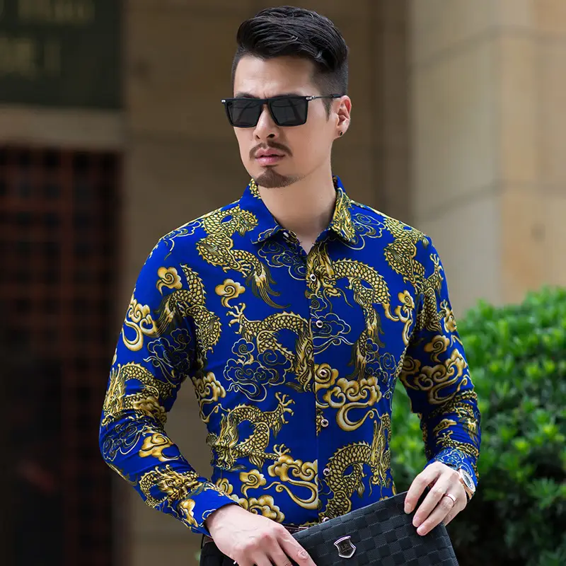 2019 Printed Long Sleeve Shirt Blue Gold Dragon Pattern