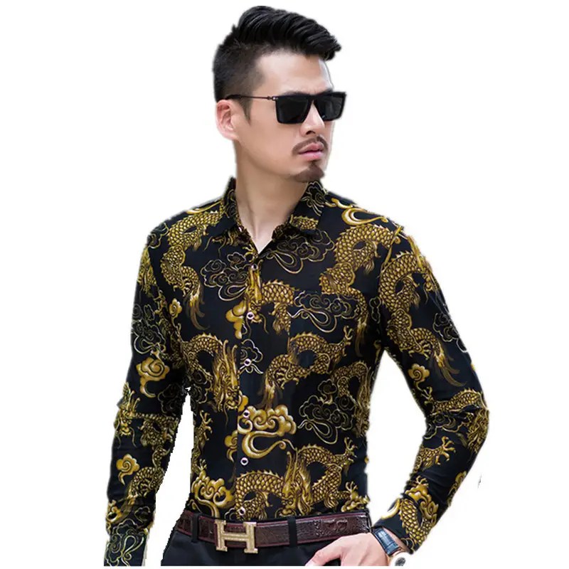 2019 Printed Long Sleeve Shirt Blue Gold Dragon Pattern