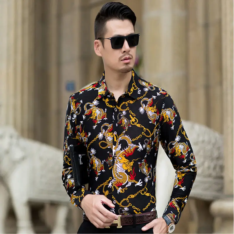2019 Printed Long Sleeve Shirt Blue Gold Dragon Pattern