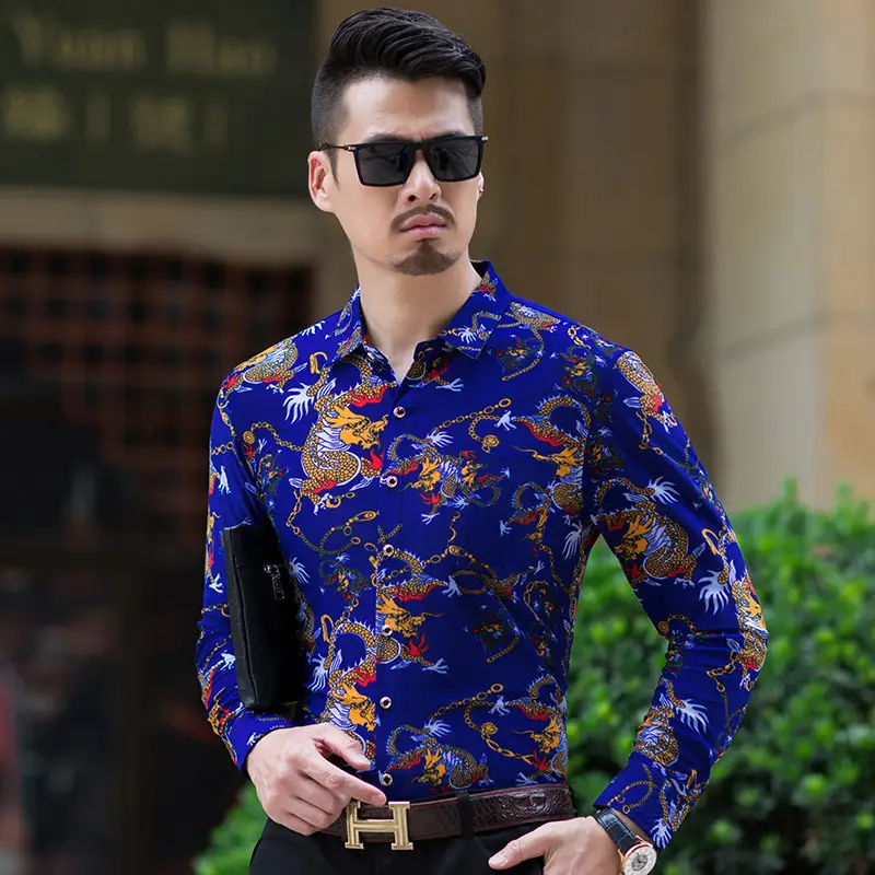 2019 Printed Long Sleeve Shirt Blue Gold Dragon Pattern