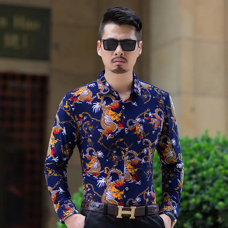 2019 Printed Long Sleeve Shirt Blue Gold Dragon Pattern