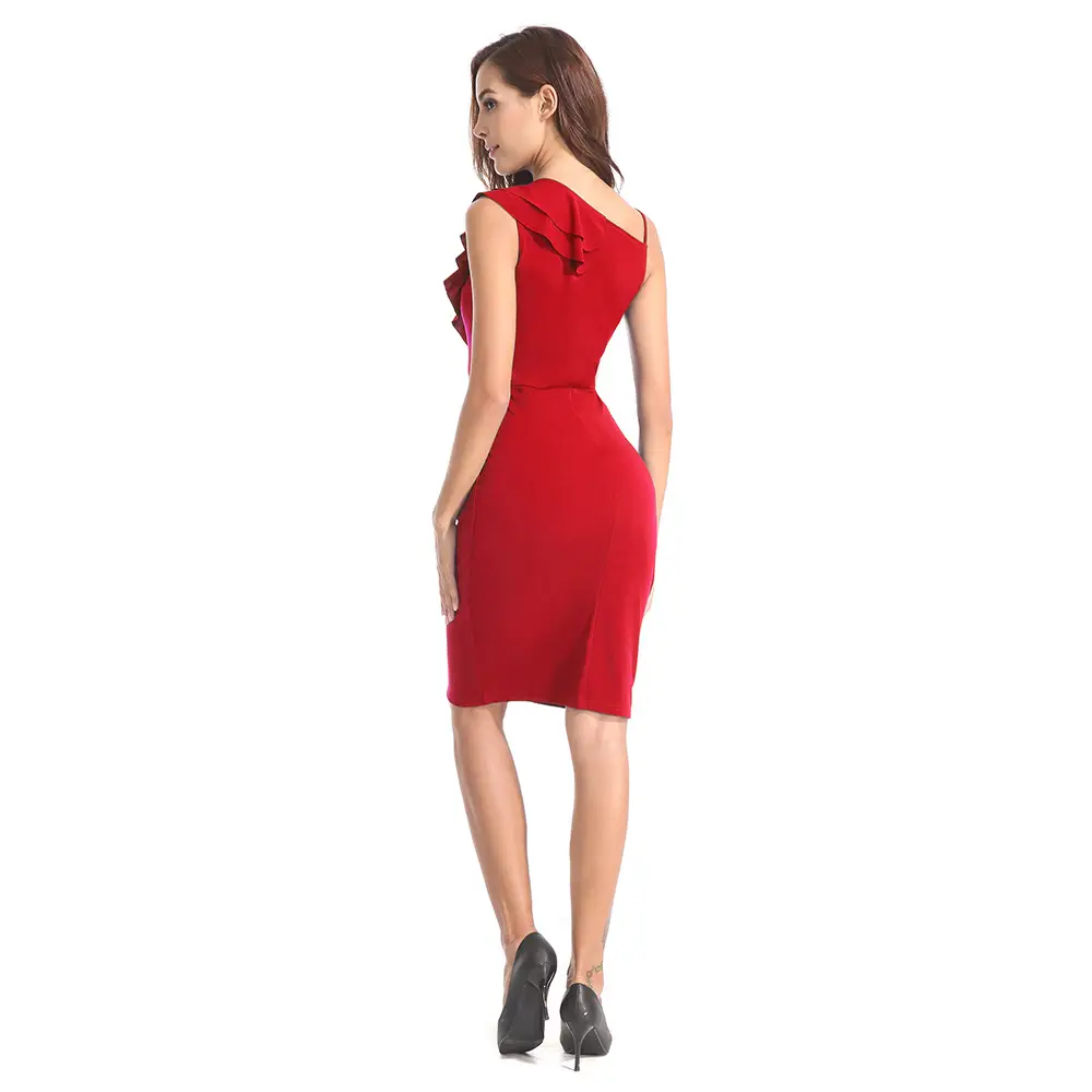 Women's Yellow Slim V Neck Dress with Ruffled Side Zipper Hip-Covering Suspender Skirt - Image 9