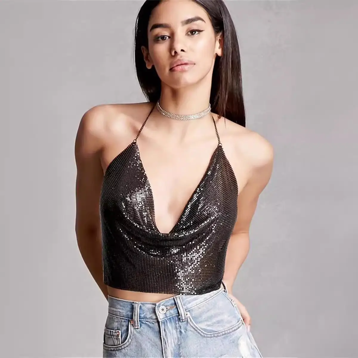Golden Metallic Bra Top with Choker & Denim Shorts Set - Image 13