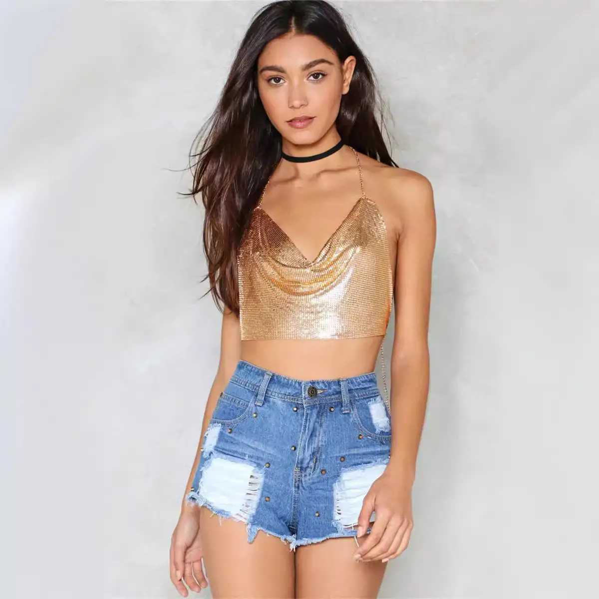 Golden Metallic Bra Top with Choker & Denim Shorts Set - Image 14