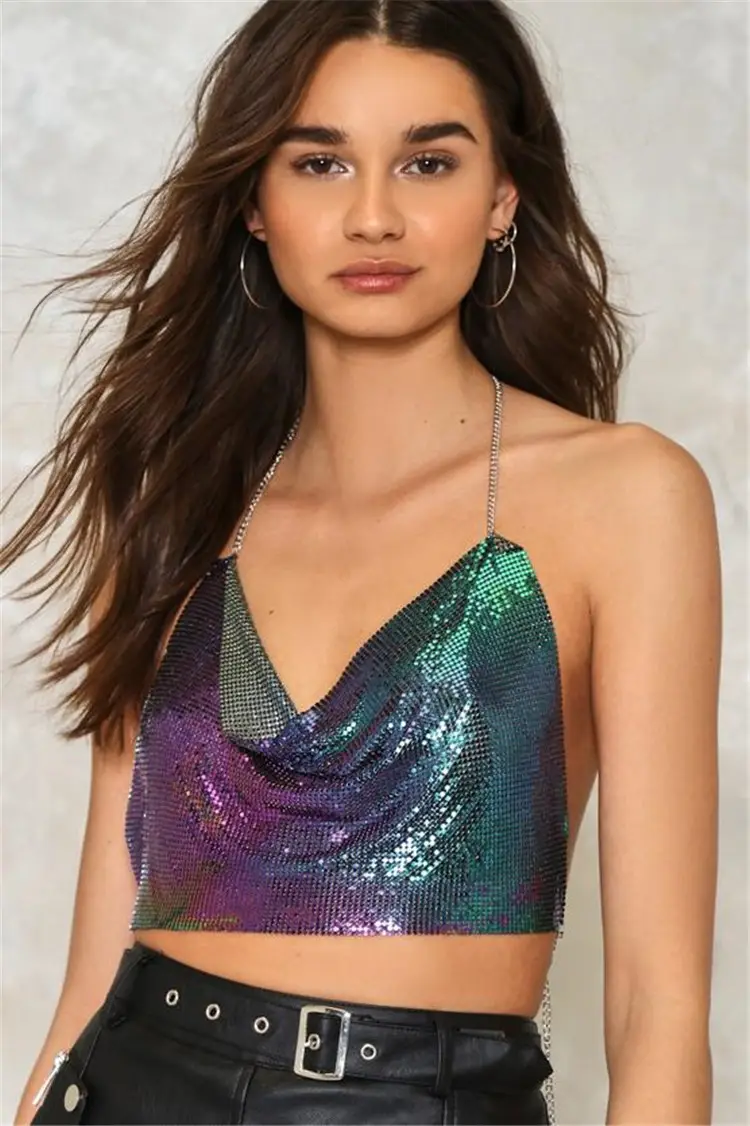 Golden Metallic Bra Top with Choker & Denim Shorts Set - Image 9