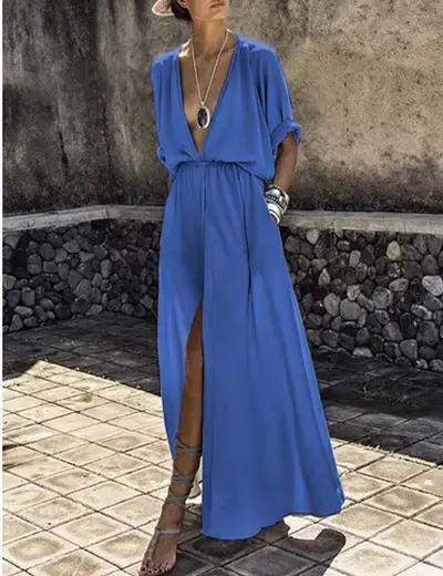White V-Neck Sleeve Split Dress for Women — feature 2