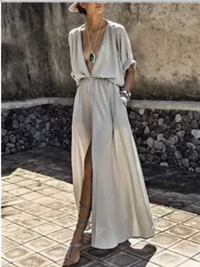White V-Neck Sleeve Split Dress for Women — feature 4