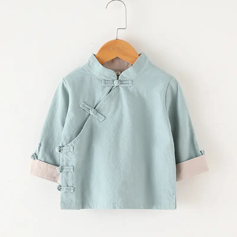 Chinese Style Boys Cotton Linen Top Solid Red Oblique