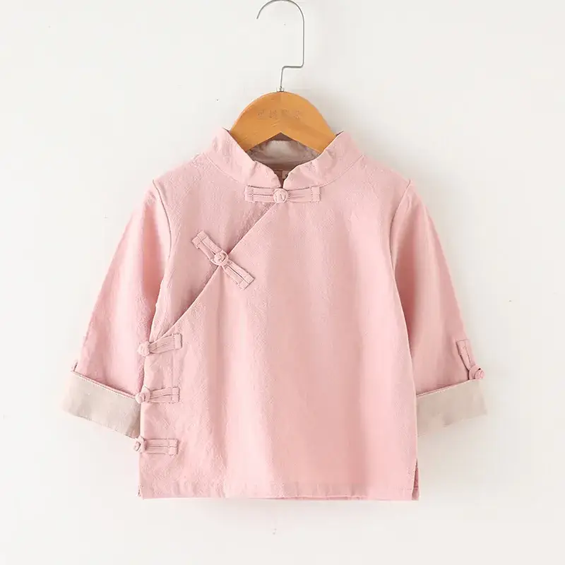 Chinese Style Boys Cotton Linen Top Solid Red Oblique