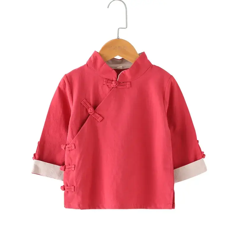 Chinese Style Boys Cotton Linen Top Solid Red Oblique