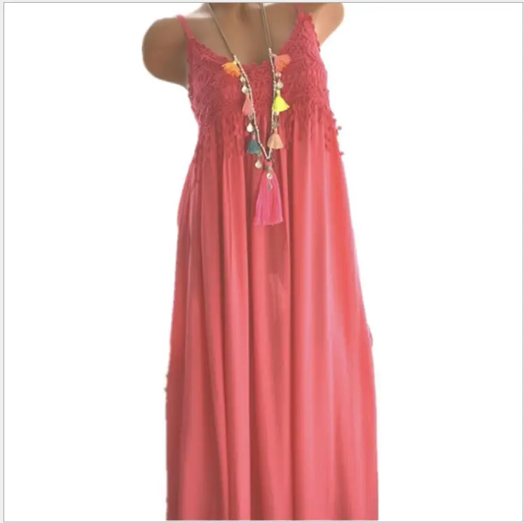 Sexy Lace Stitching Mid-Length Sling Dress Coral - Image 7