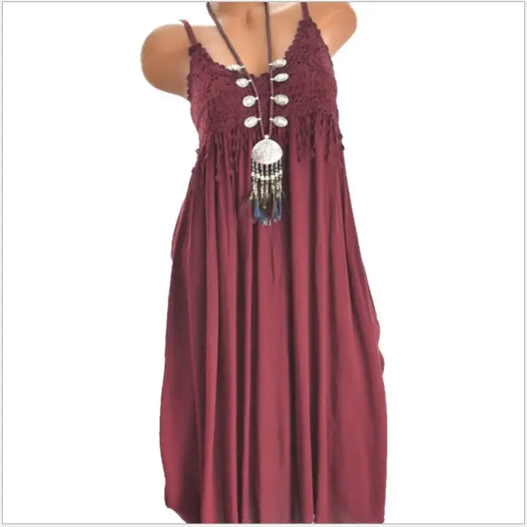 Sexy Lace Stitching Mid-Length Sling Dress Coral - Image 8