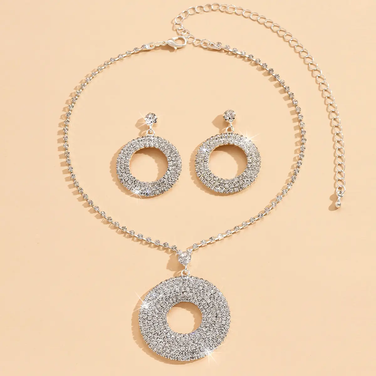 Women's Full Diamond Circle Necklace Set Silver - Image 3