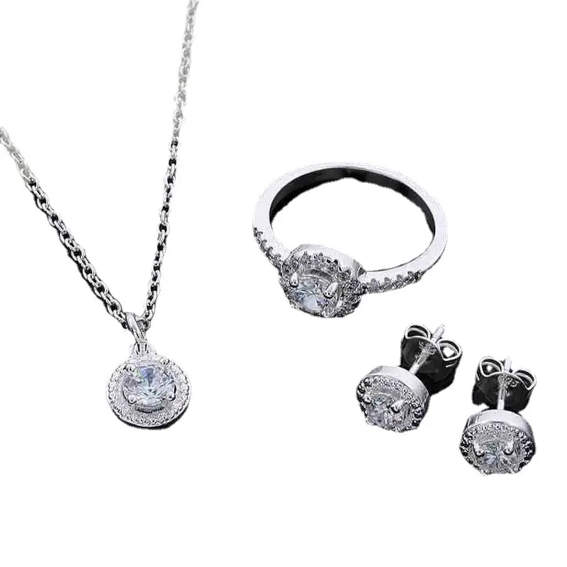 Zircon Crystal Jewelry Set Silver 3-Piece Necklace Ring Earrings - Image 2