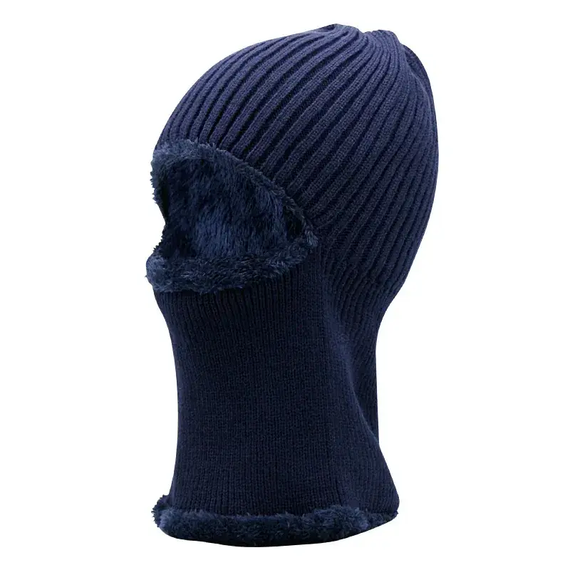 Men Wool Ski Cap Navy Blue Thick Fleece Lined - Image 3