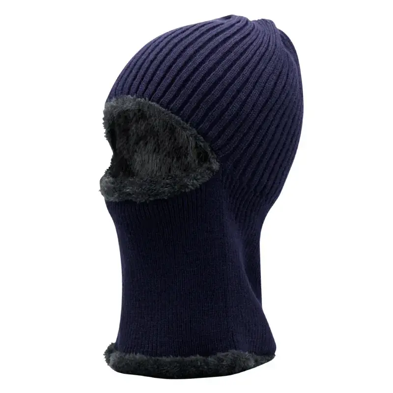 Men Wool Ski Cap Navy Blue Thick Fleece Lined - Image 7