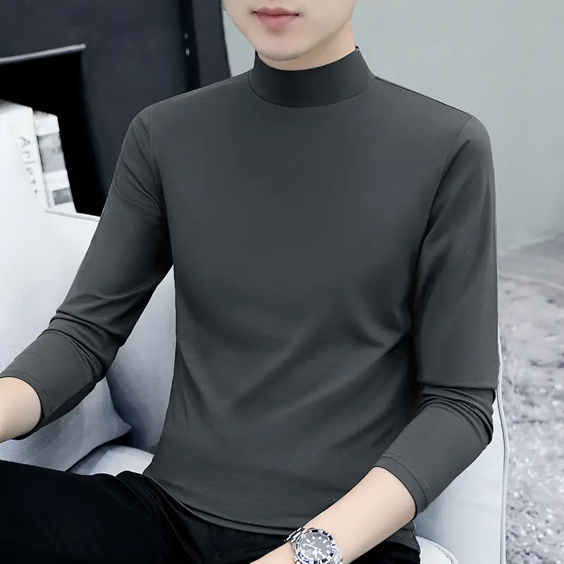 Men Grey Cotton Long Sleeve T-Shirt Mid Neck - Image 29