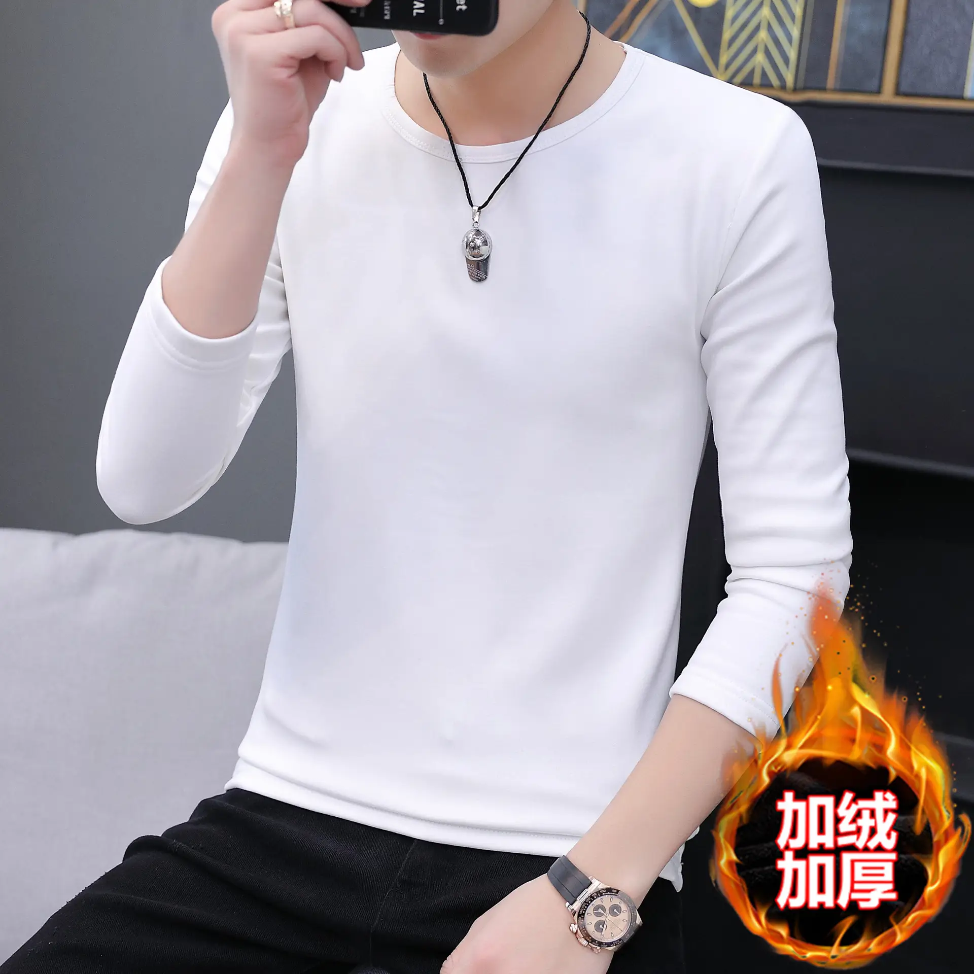 Men Grey Cotton Long Sleeve T-Shirt Mid Neck - Image 18