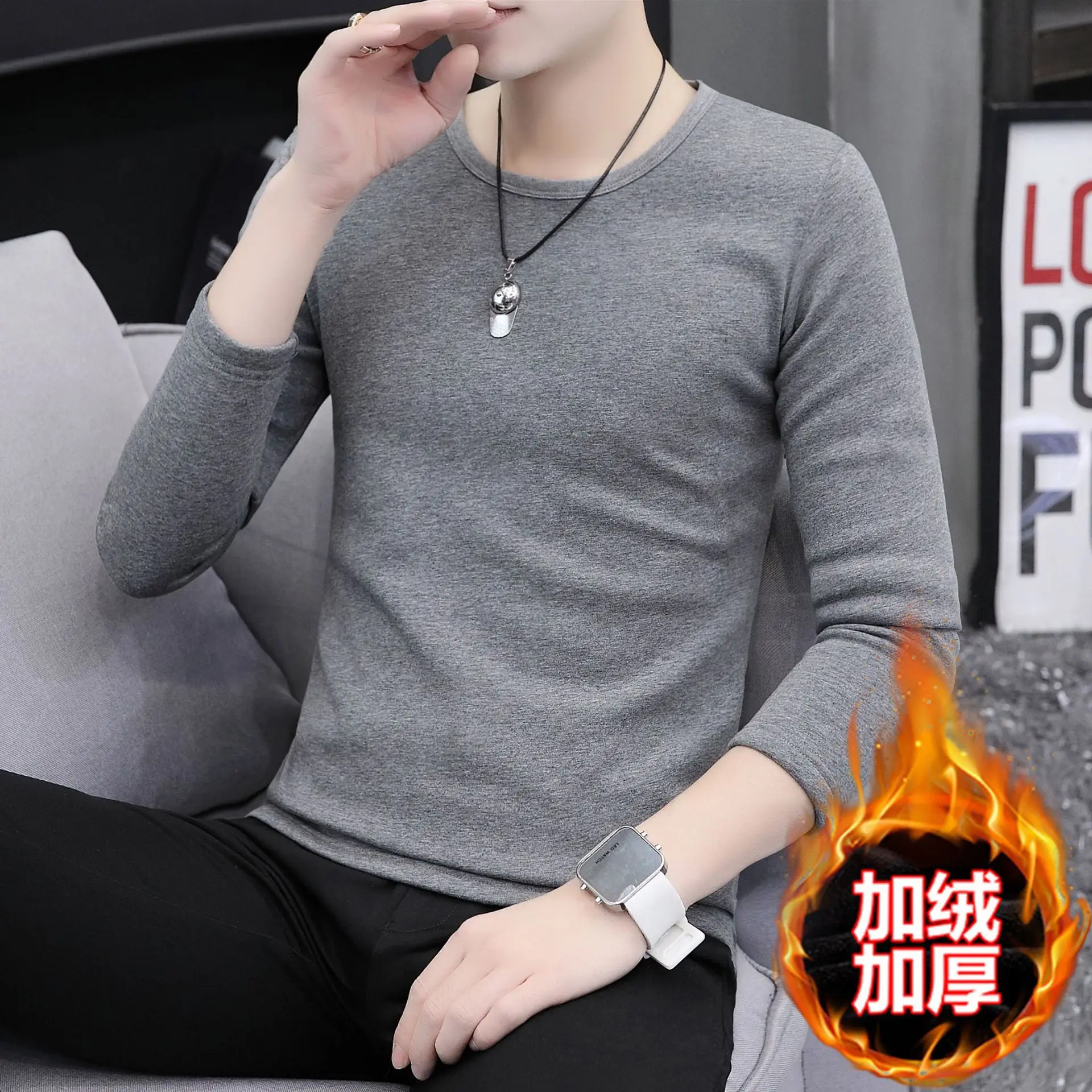 Men Grey Cotton Long Sleeve T-Shirt Mid Neck - Image 20