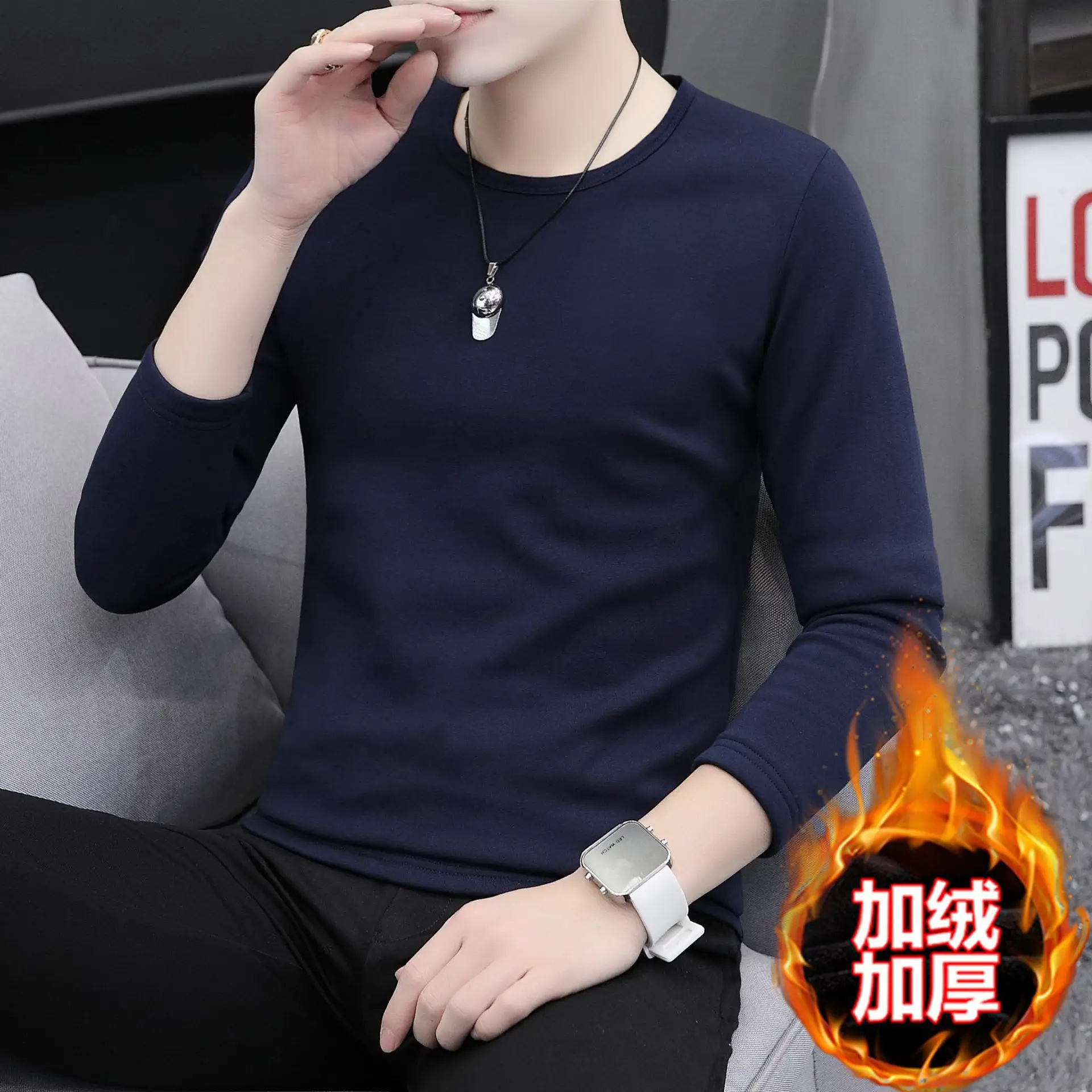 Men Grey Cotton Long Sleeve T-Shirt Mid Neck - Image 21