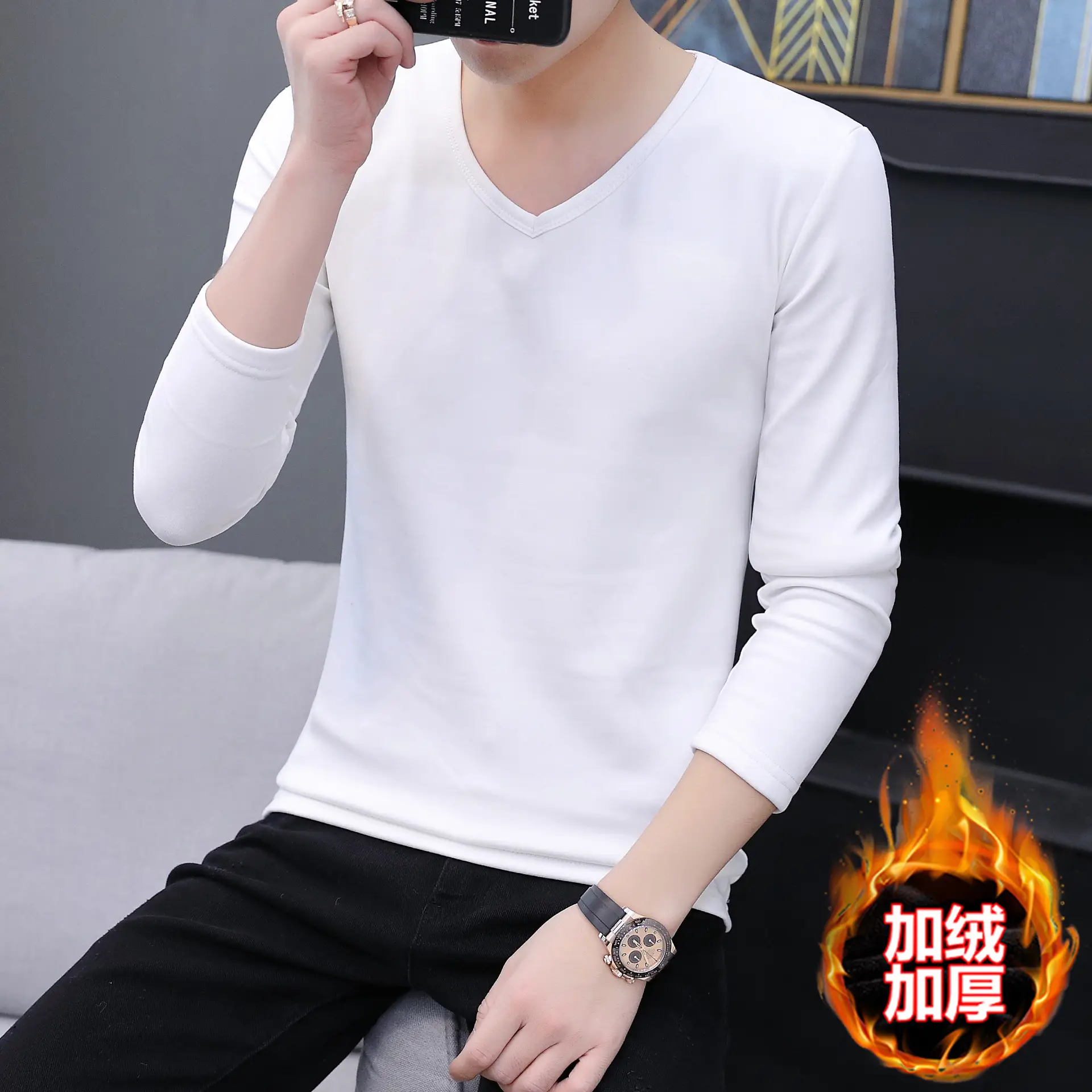 Men Grey Cotton Long Sleeve T-Shirt Mid Neck - Image 23