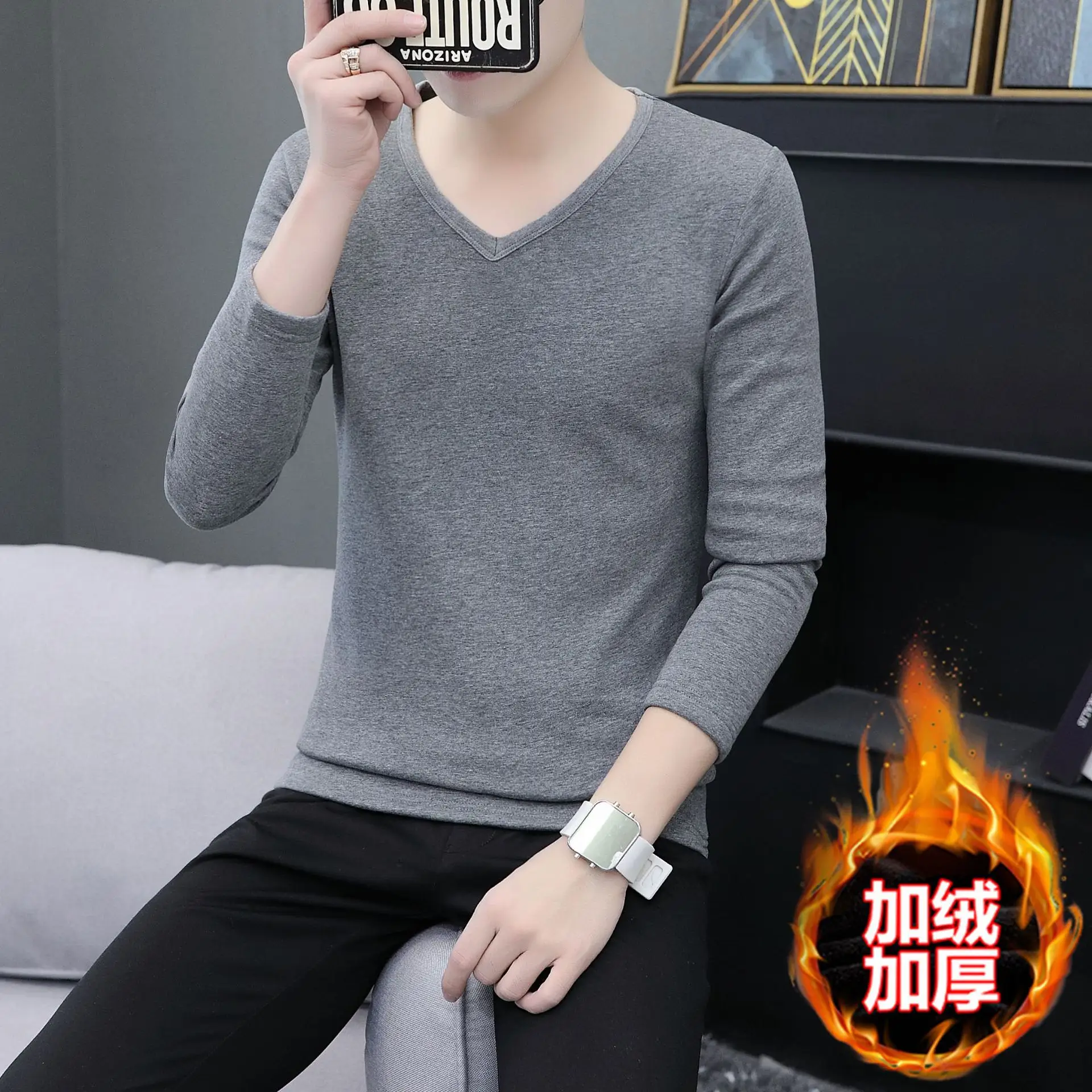 Men Grey Cotton Long Sleeve T-Shirt Mid Neck - Image 25