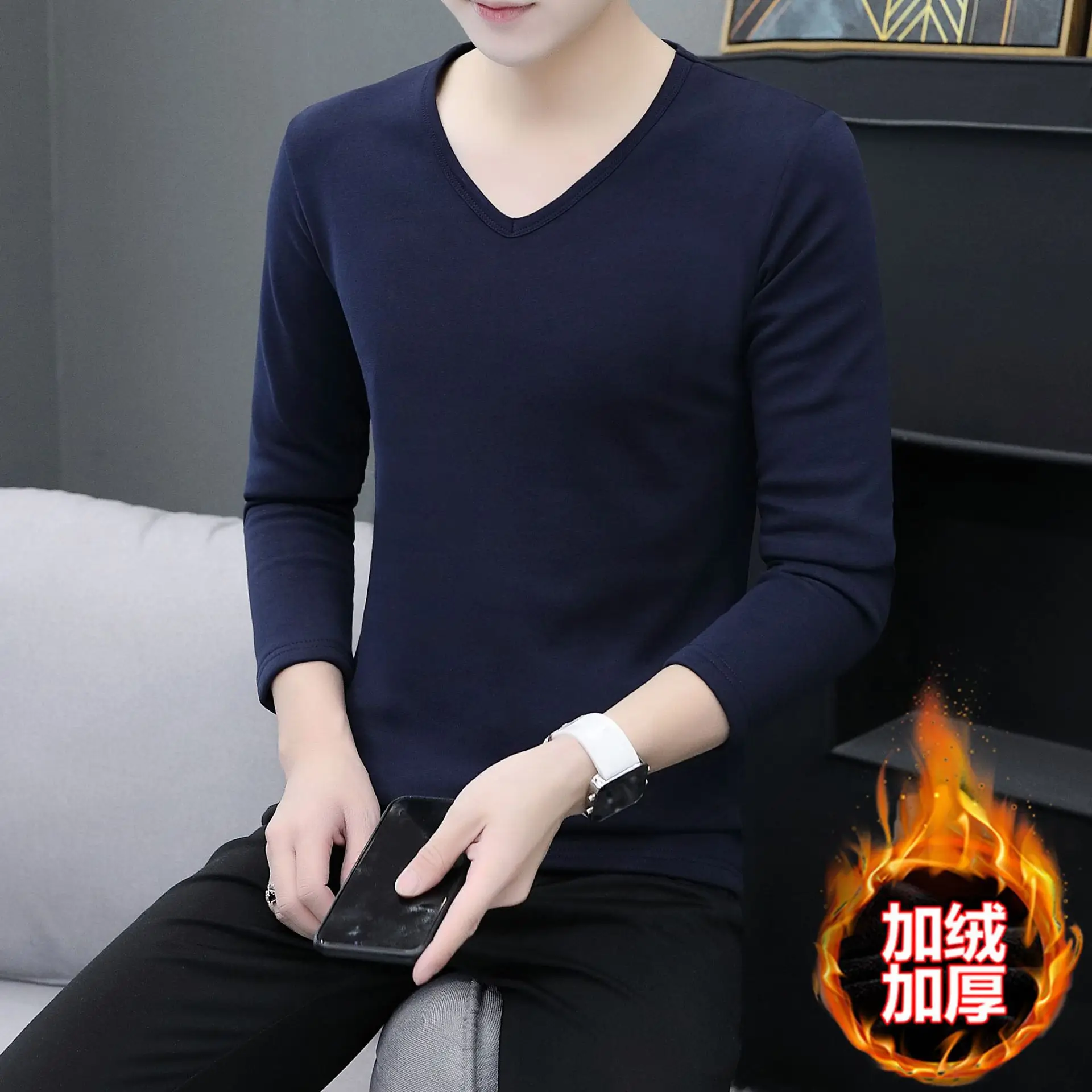 Men Grey Cotton Long Sleeve T-Shirt Mid Neck - Image 26