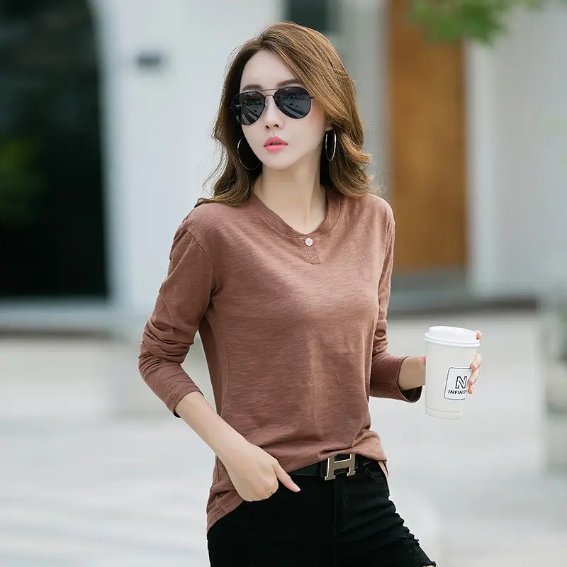 Women Long Sleeve T-Shirt Brown Cotton Loose Fit