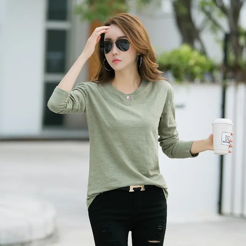 Women Long Sleeve T-Shirt Brown Cotton Loose Fit