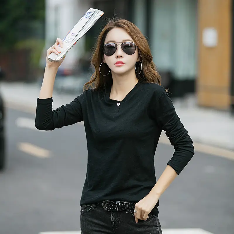 Women Long Sleeve T-Shirt Brown Cotton Loose Fit