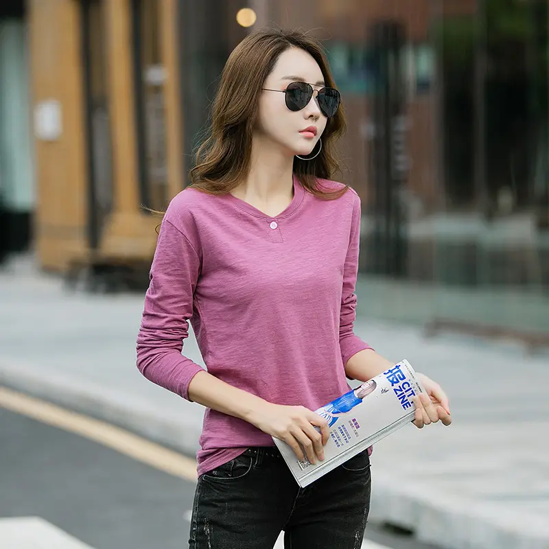 Women Long Sleeve T-Shirt Brown Cotton Loose Fit