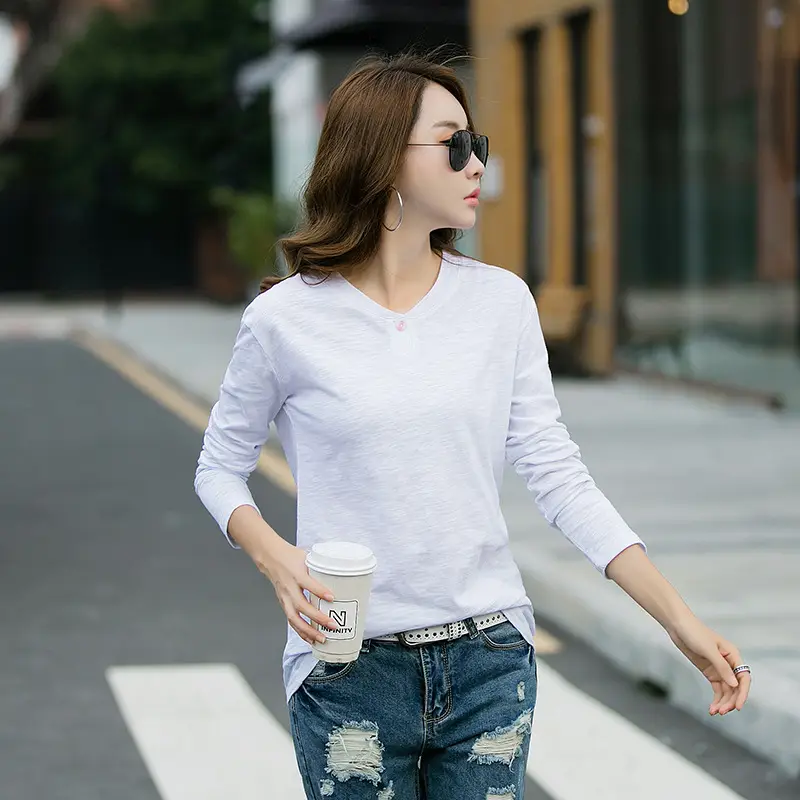 Women Long Sleeve T-Shirt Brown Cotton Loose Fit