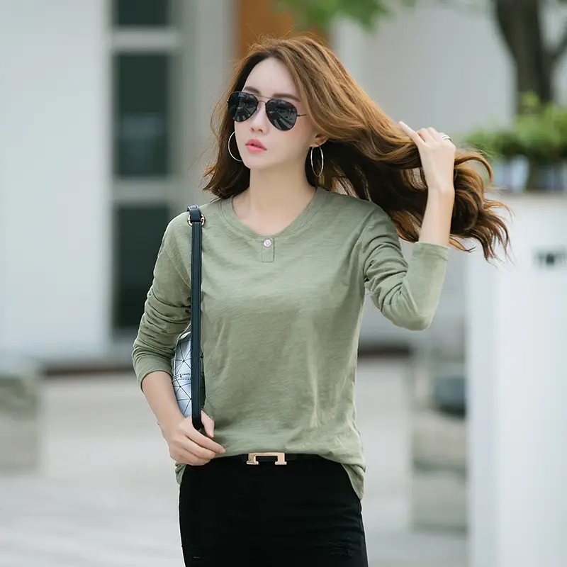 Women Long Sleeve T-Shirt Brown Cotton Loose Fit