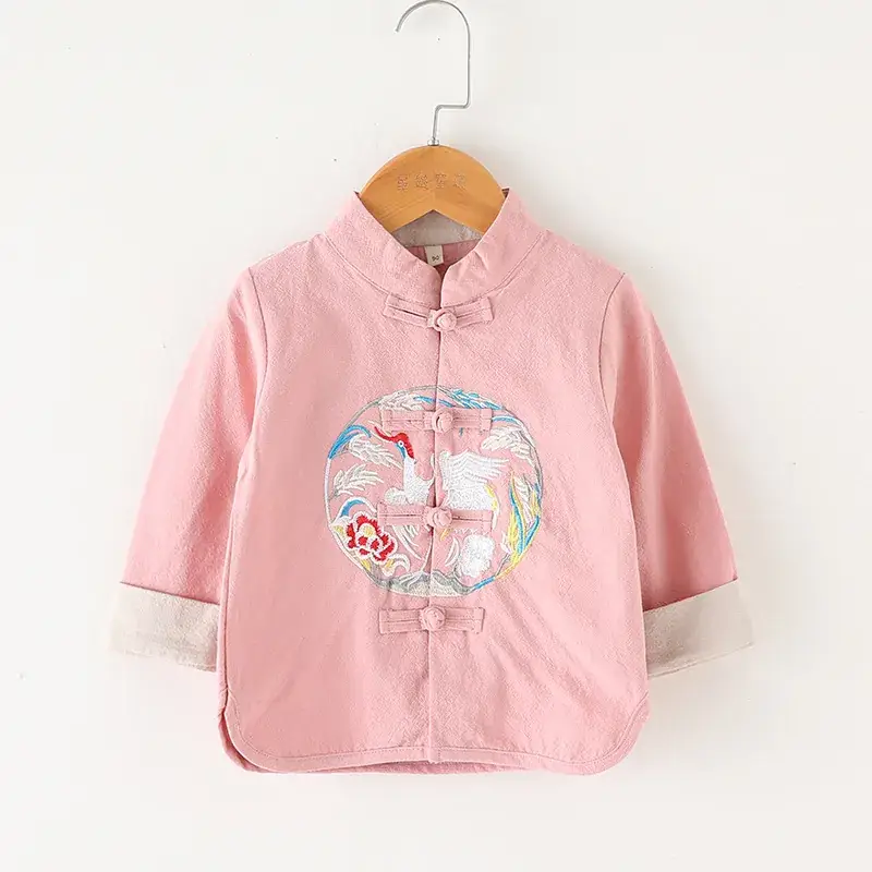 Chinese Style Pink Hanfu Top for Boys Girls Cotton Linen - Image 4