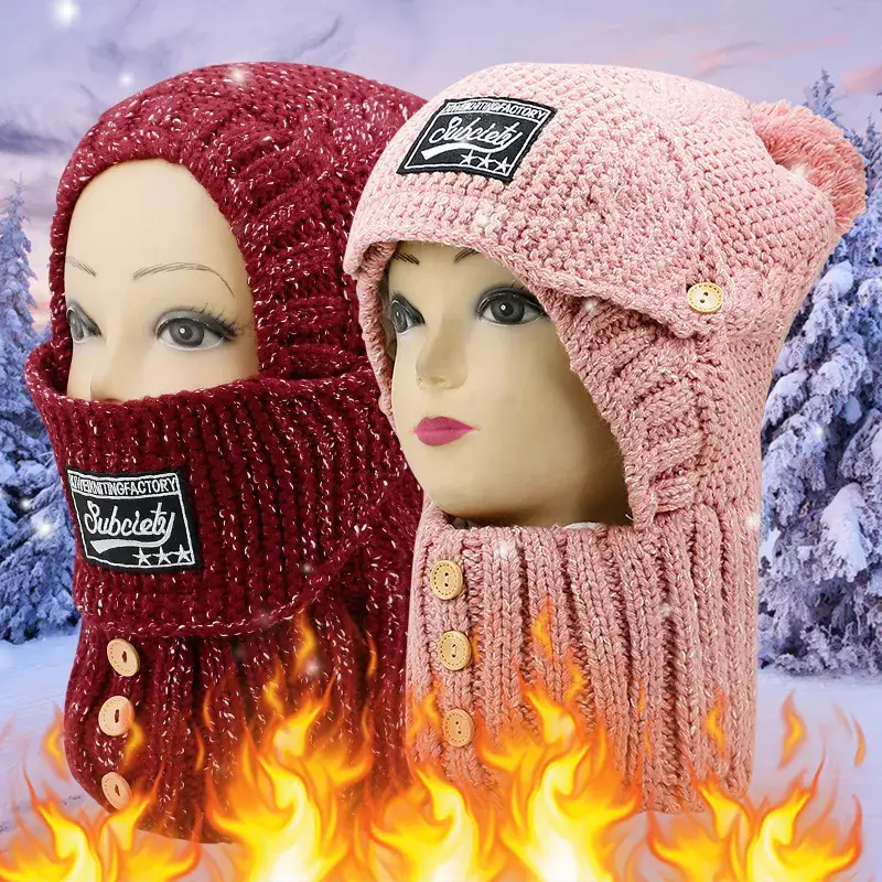 Women's Pink Wool Ski Cap with Button Closure - Image 6