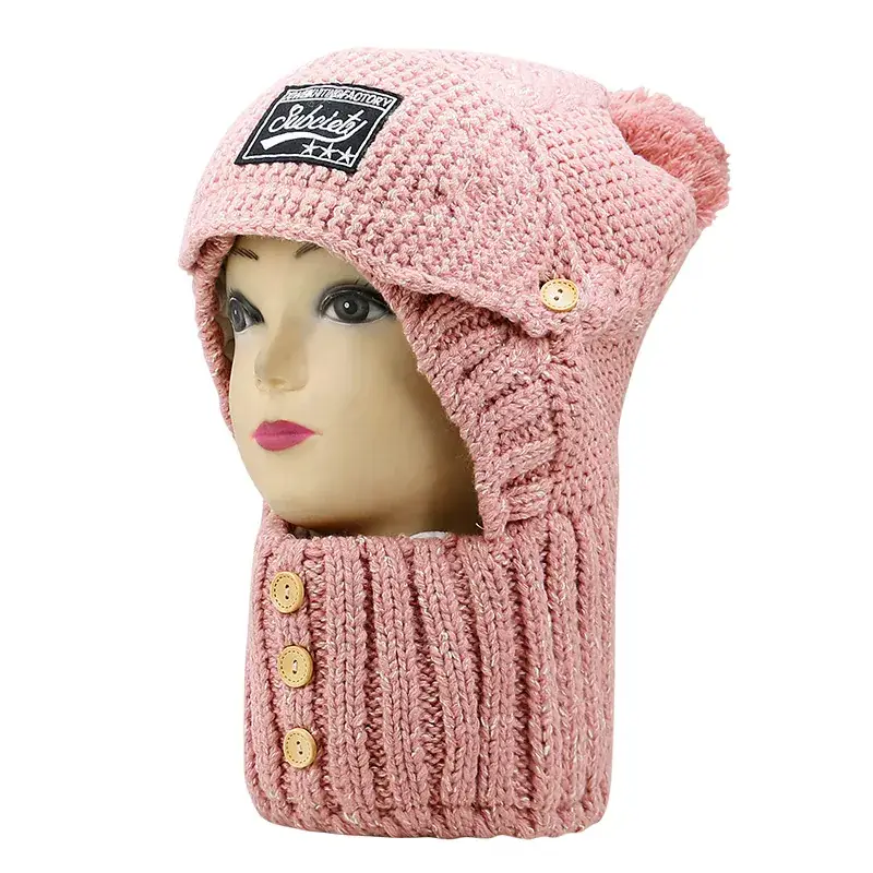 Women's Pink Wool Ski Cap with Button Closure - Image 3