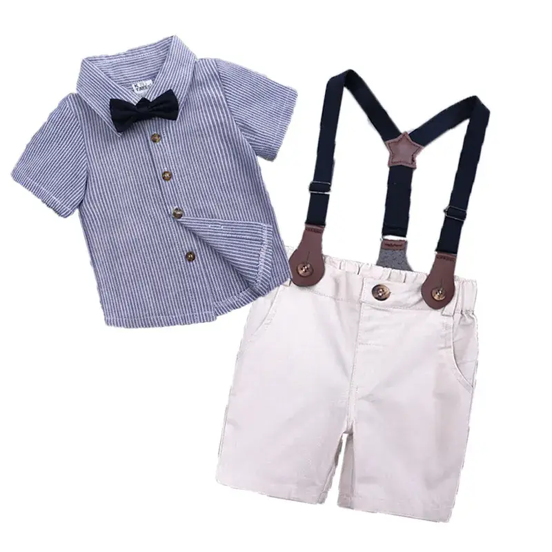 Summer Boys Suit with Bow Tie Shirt & Suspender Shorts Set - Image 5