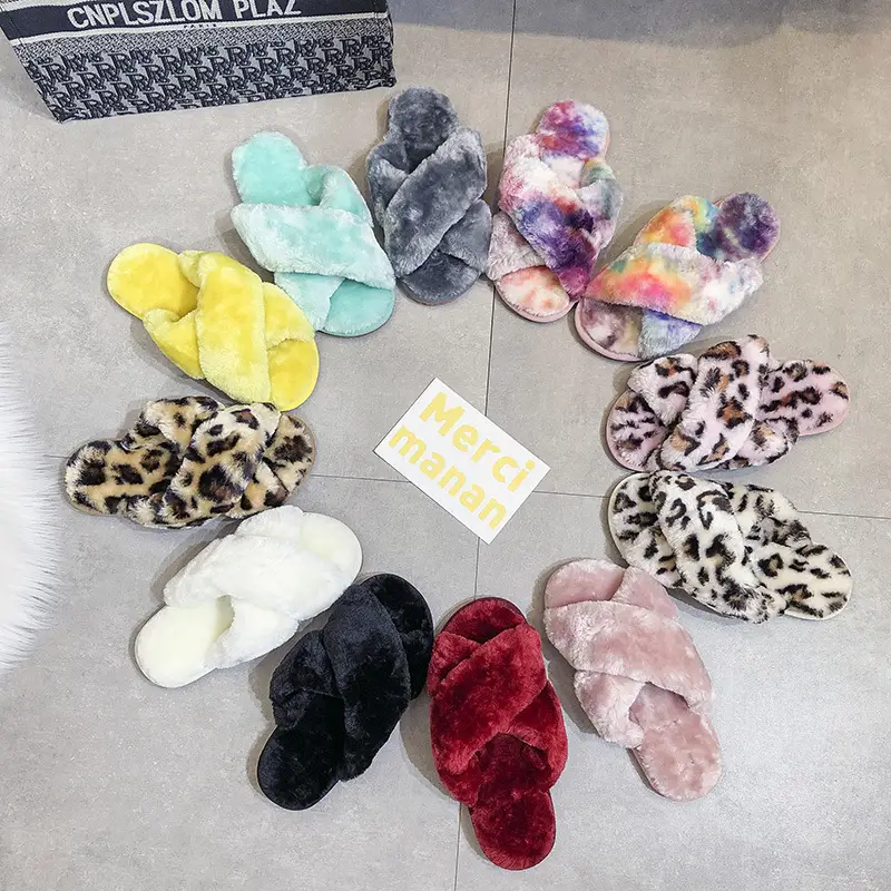Factory Amazon Cross-border Home Increase 45 Leopard Cross Mao Mao Slippers Children Men's and Women's Home Cotton Slippers