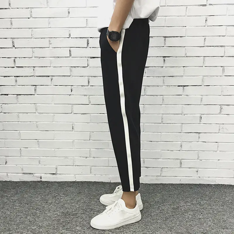 Men's 2018 Summer Slim Fit Tapered Pants Black White - Image 4
