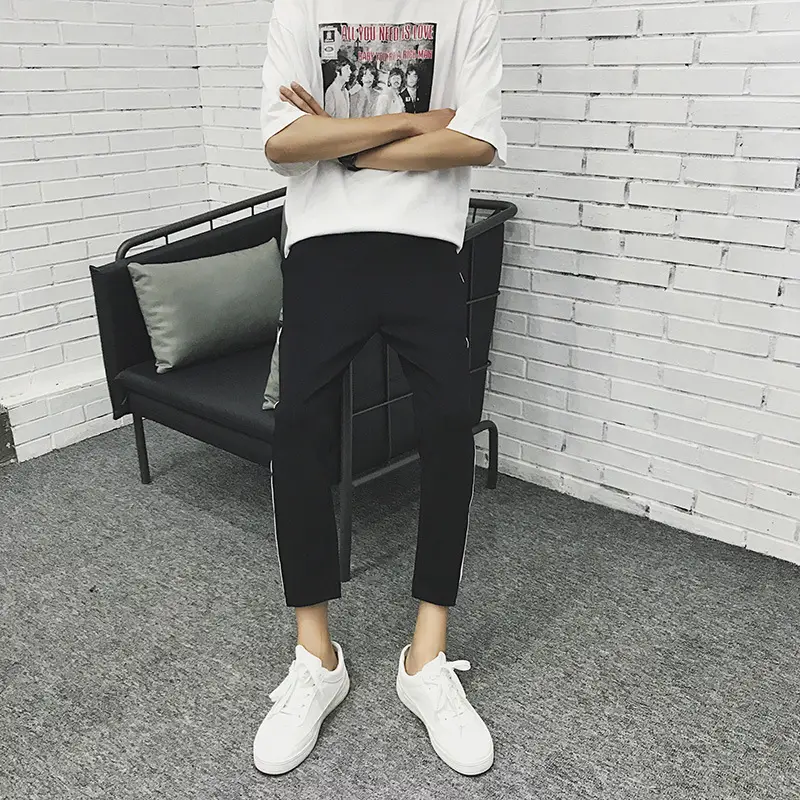 Men's 2018 Summer Slim Fit Tapered Pants Black White - Image 6