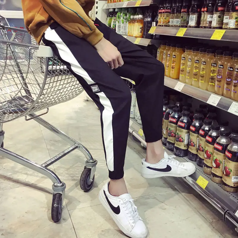 Men's 2018 Summer Slim Fit Tapered Pants Black White - Image 2
