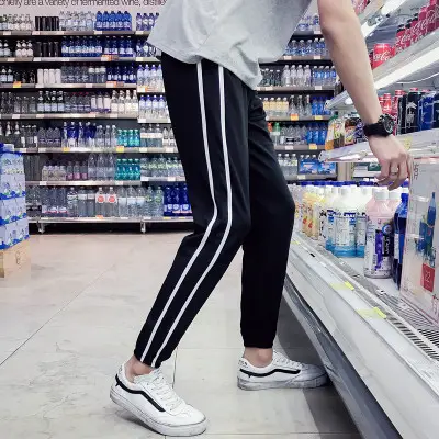 Men's 2018 Summer Slim Fit Tapered Pants Black White - Image 3