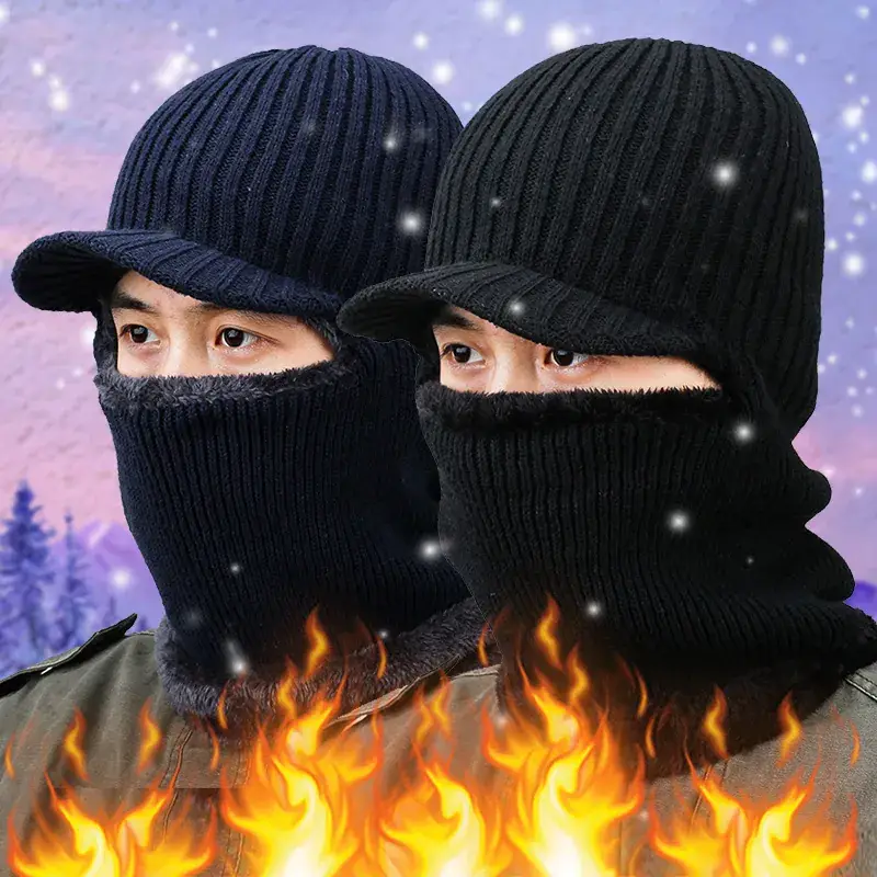 Men's Black Knitted Bimbed Ski Hat with Fleece Lining - Image 4