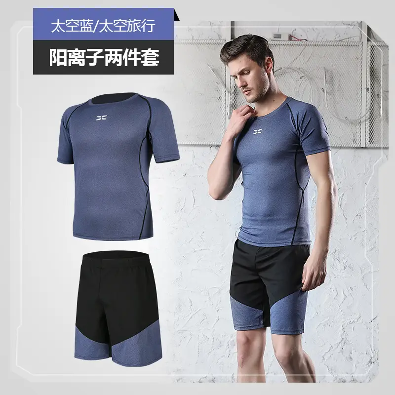 Men Running Fitness Black Two-Piece T-Shirt Shorts Set