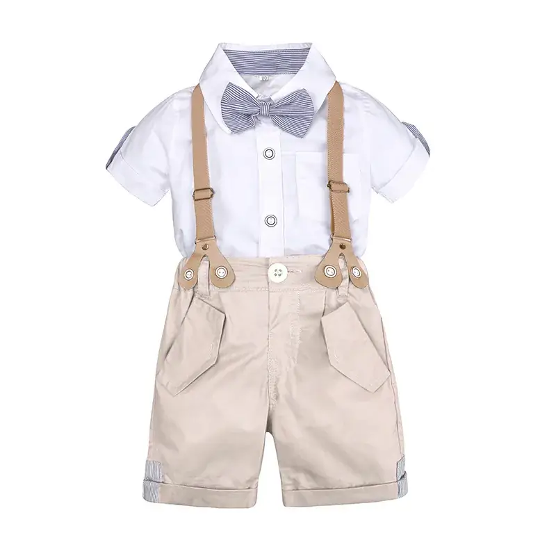 Baby Boys Bow Tie Shorts Suit Beige White Four Piece - Image 5